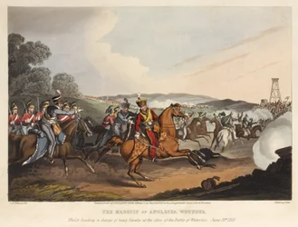 Der Marquis von Anglesea verwundet, während er eine schwere Kavallerieattacke anführt, am Ende der Schlacht von Waterloo, 18. Juni 1815, graviert von M. Dubourg, 1819